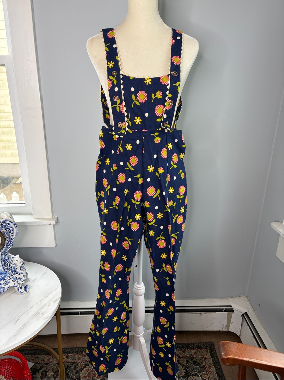 Cottagecore, Retro-Vintage, 70s Boho, sunflower polka dot overalls - Picture 3 of 15